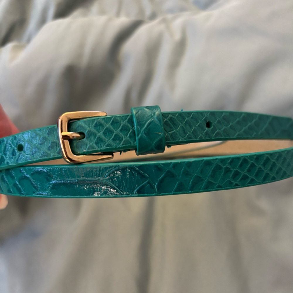 Teal Green Snake Print Skinny Leather Belt with Gold Buckle